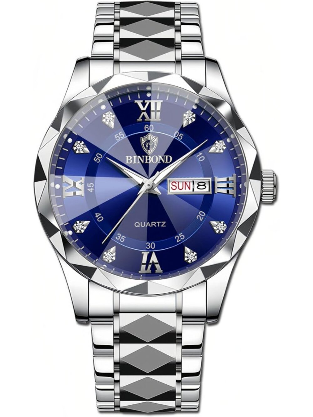Unisex Blue And Black Analog Stainless Steel Roman Numeral Diamond Luxury Watch